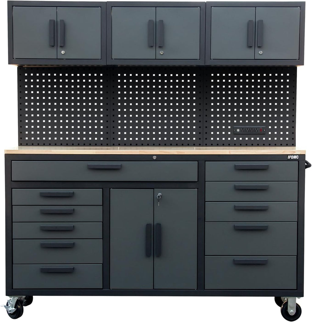 72in Rolling Tool Chest Cabinet Mobile Garage Workbench Heavy-Duty Tool Cabinet on Wheels with 11 Drawers, 2-Door Cabinet, 3 Top Cabinet, Pegboard & Power Strip for Tool Organization