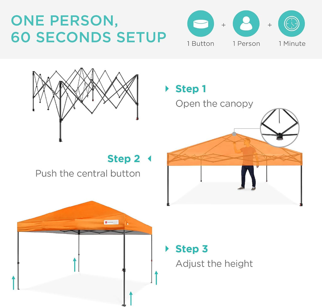 Best Choice Products 12x12ft Pop Up Canopy Tent, Outdoor Shade, 1 Person 1 Minute Set Up, Carry Case, 4 Weight Bags - Orange