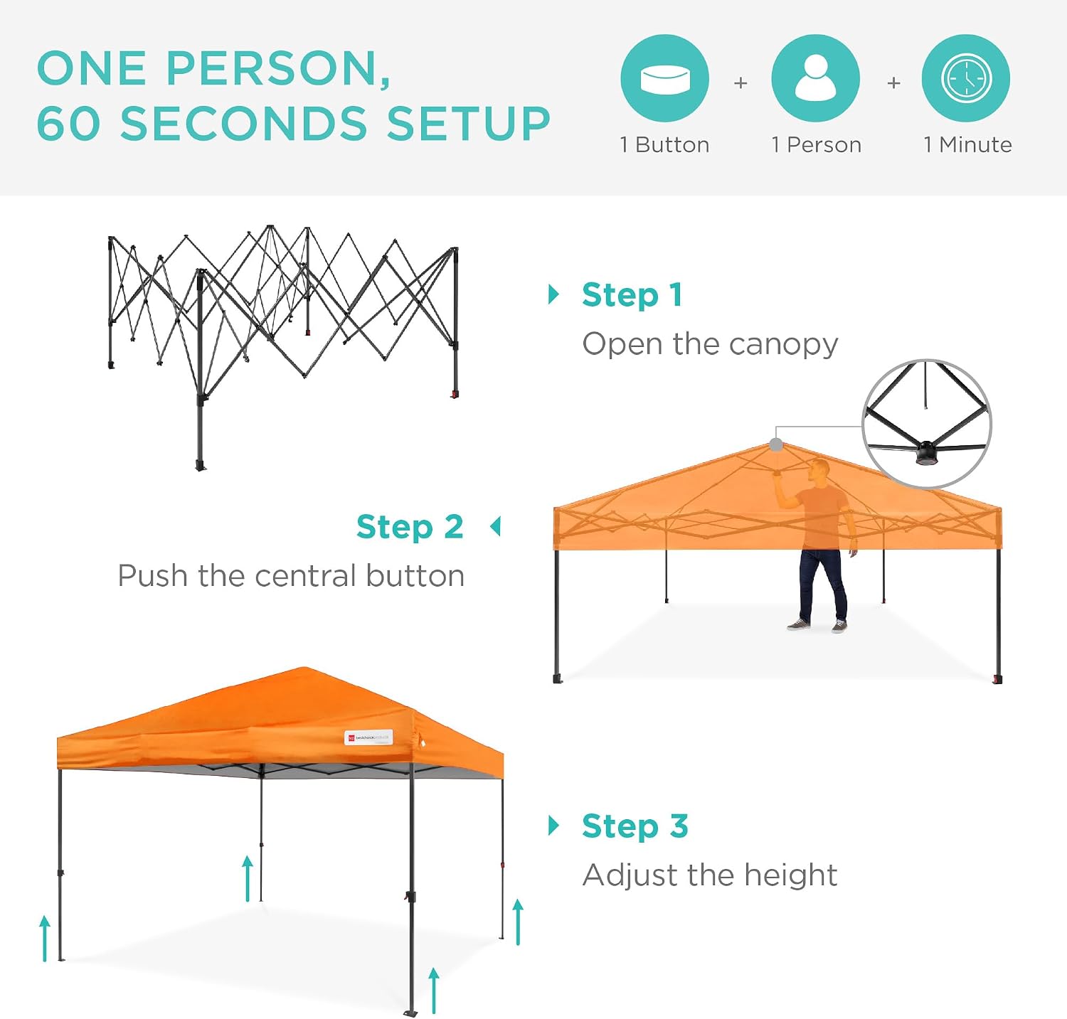 Best Choice Products 12x12ft Pop Up Canopy Tent, Outdoor Shade, 1 Person 1 Minute Set Up, Carry Case, 4 Weight Bags - Orange