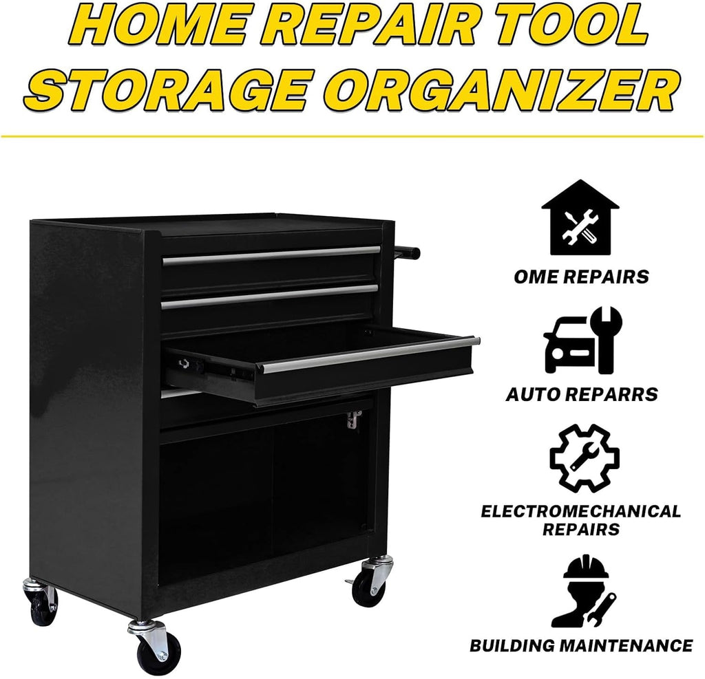 233PCS 4 Drawers Rolling Tool Box with Tool Sets, Heavy Duty Steel Garage Storage Cabinet with Lockable Wheels, Mechanic Organizer for Home, Auto, Workshop, Warehouse, Black