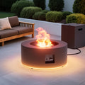 2-Piece 30' LED Round Propane Fire Pit for Outside Patio with Hidden Tank Table, 50,000 BTU Fireplaces with Lid, Glass Rocks, Cover(Dark Grey w/Golden Light)
