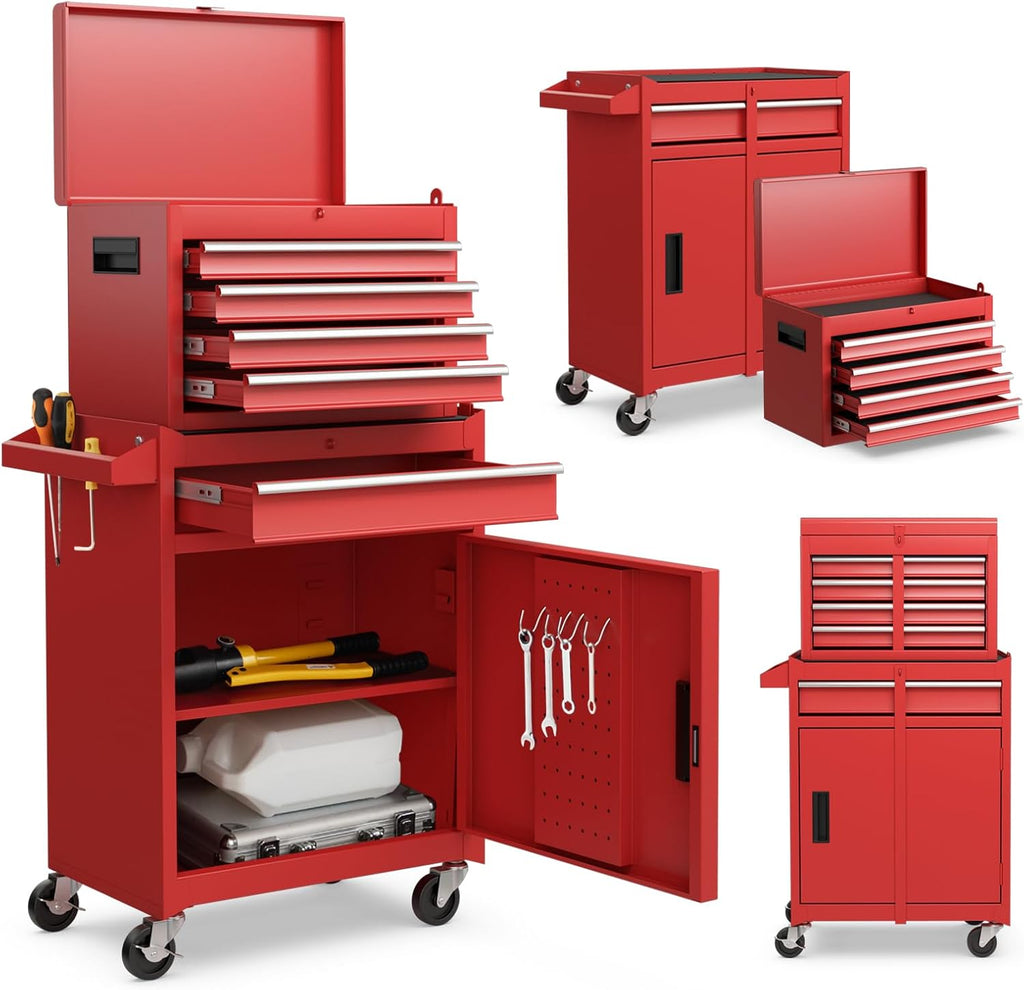 DORTALA Rolling Tool Chest Cabinet, Tool Box Organizer with 5 Sliding Drawers, Locking System, Toolbox Storage Cabinet on Wheels for Garage Workshop, Red
