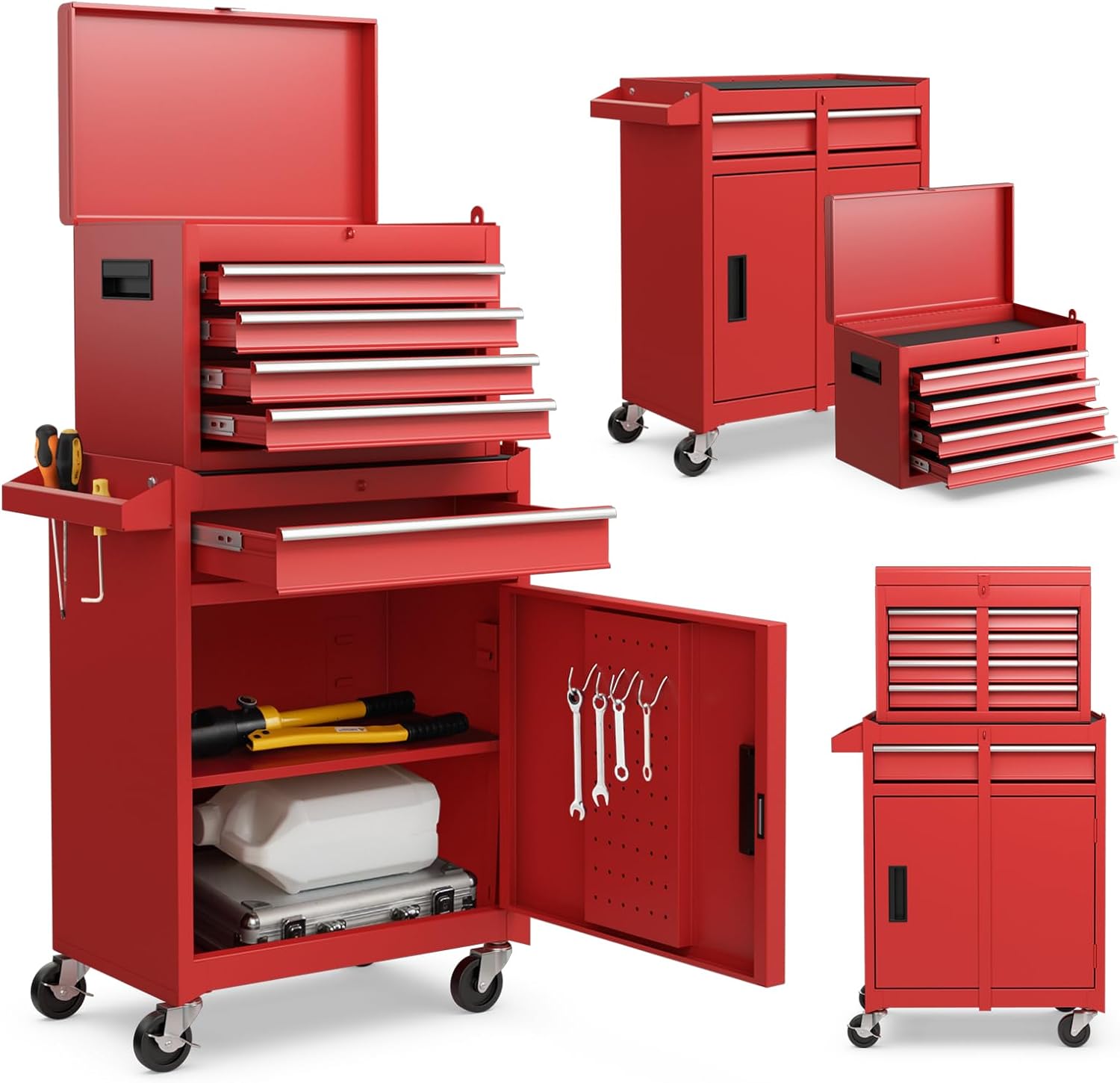 DORTALA Rolling Tool Chest Cabinet, Tool Box Organizer with 5 Sliding Drawers, Locking System, Toolbox Storage Cabinet on Wheels for Garage Workshop, Red