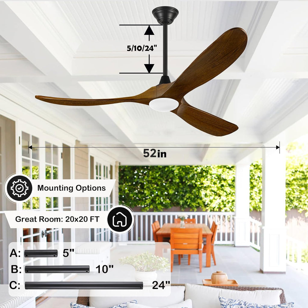 52 Inch Wood Ceiling Fans with Light Remote Control, 3 Blades Wooden Propeller Ceiling Fan, Rustic Farmhouse Style Brown, Reversible Quiet Dc Motor for Indoor Outdoor, 3CCT Dimmable