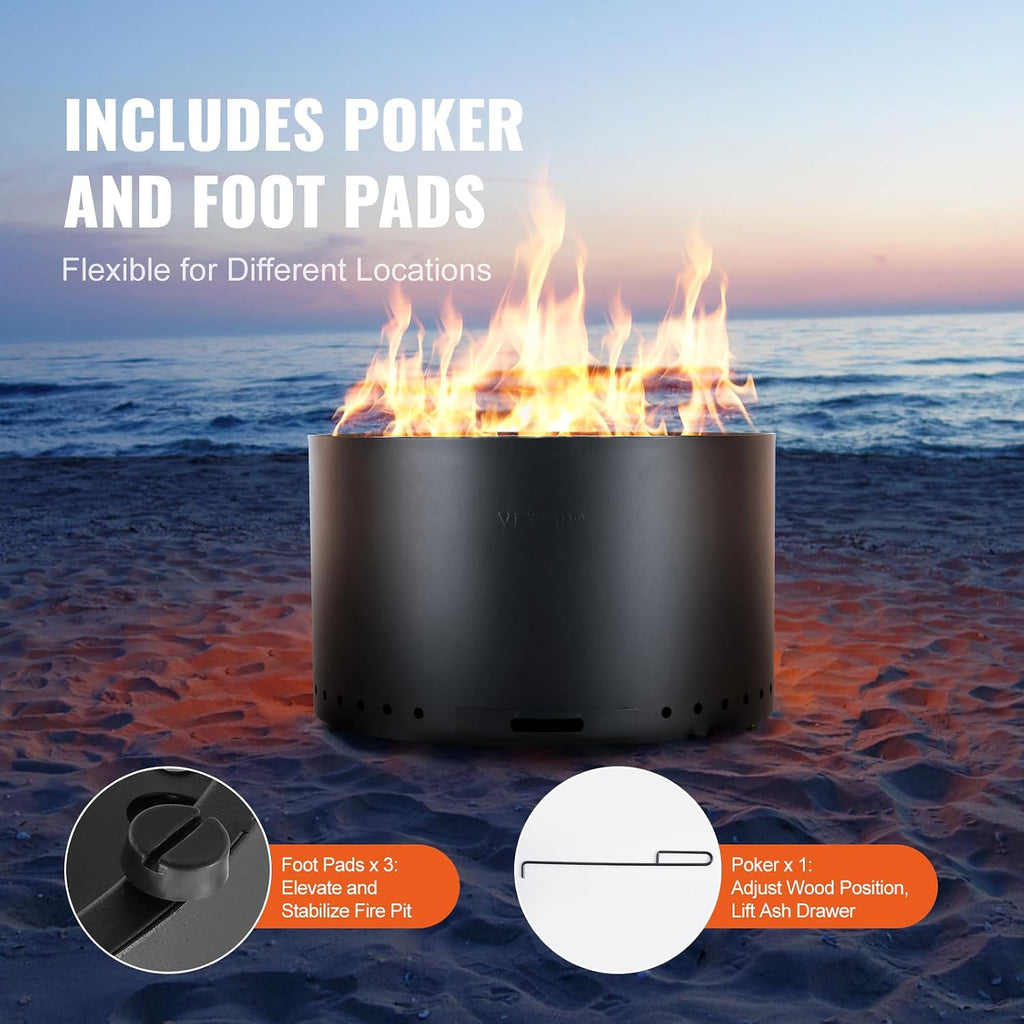 VEVOR Smokeless Fire Pit Stove Bonfire, H: 17 in x Dia: 28 in,Wood Burning Fireplaces with Removable Ash Pan, SUS430 Stainless Steel Inner Portable Outdoor Firepit,for Outdoor Patio Camping, Black