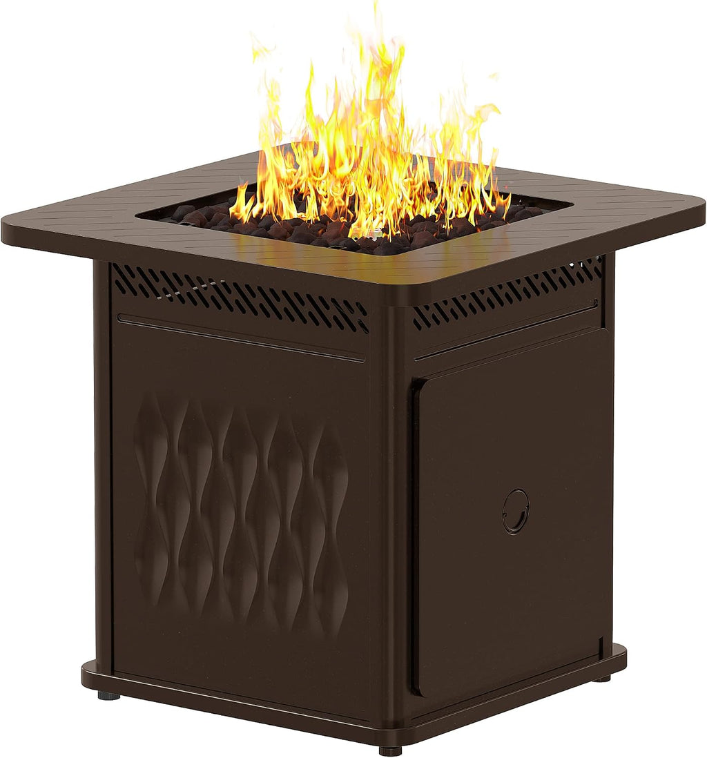 EAST OAK 28'' Propane Fire Pit Table, 50,000 BTU Steel Gas FirePit for Outdoor, Outside Patio Deck and Garden, CSA Certified Fire Table with Magnetic Lid, Cover-Storage Basket and Lava Rock , Brown