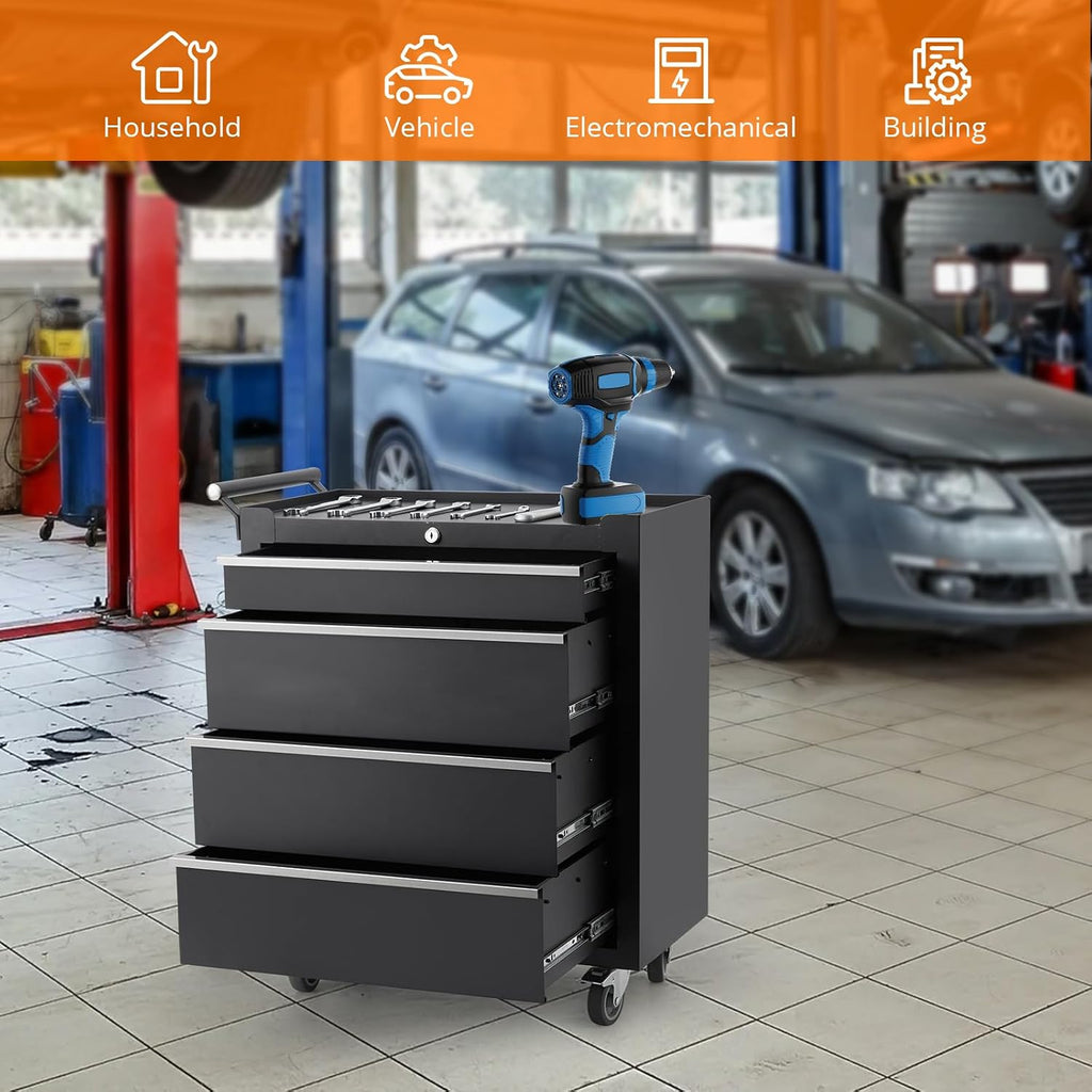 4-Drawer Rolling Tool Chest on Wheels, 24 Inch Compartment Tool Box with Drawers & Lock, Metal Tool Cart Storage Cabinet for Garage, Warehouse, Workshop, Repair Shop