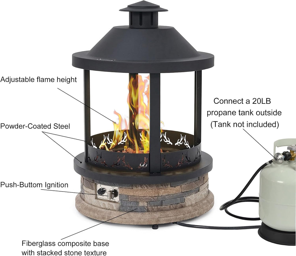 28-Inch Outdoor Gas Fire Pit with Tank Cover, 65,000 BTU Lantern Top Patio Propane Fire Pit, Gazabo Gas Fireplace with Faux Stone Base, Lava Rocks, Cover & Pre-Attached 10ft Propane Hose