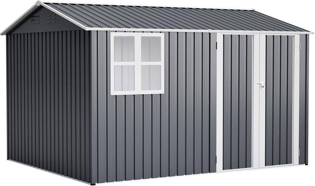 8x10 FT Shed Outdoor Storage Metal Large Garden Tool Sheds with Lockable Doors Floor Frame Window Gable Roof Waterproof Steel Utility Equipment Sheds for Backyard Patio Lawn Poolside, Grey