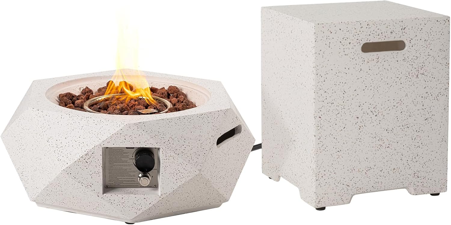 COSIEST Outdoor Propane Fire Pit Table, 24-Inch Terrazzo White Round Fire Pit Table with 16-Inch Tank Lid, 40,000 BTUs Comes with Lava Rock and Rain Cover