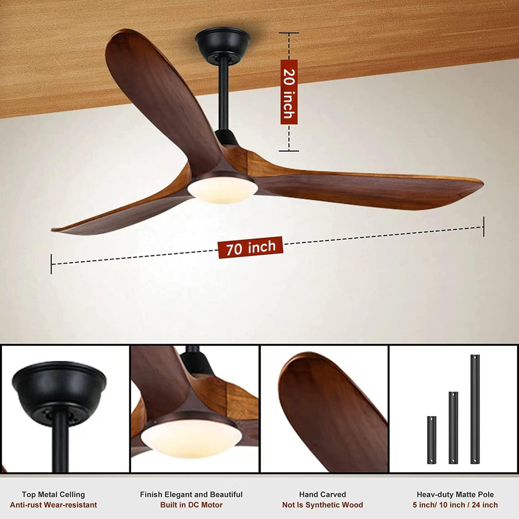 70 inch Large Ceiling Fan with Lights, Outdoor Ceiling Fan for Patio Damp Rated, 3 Blades Propeller Wood Ceiling fans with light, Reversible Quiet DC Motor for Exterior Porch Farmhouse Gazebo