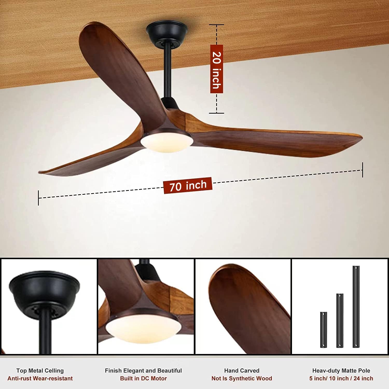 70 inch Large Ceiling Fan with Lights, Outdoor Ceiling Fan for Patio Damp Rated, 3 Blades Propeller Wood Ceiling fans with light, Reversible Quiet DC Motor for Exterior Porch Farmhouse Gazebo