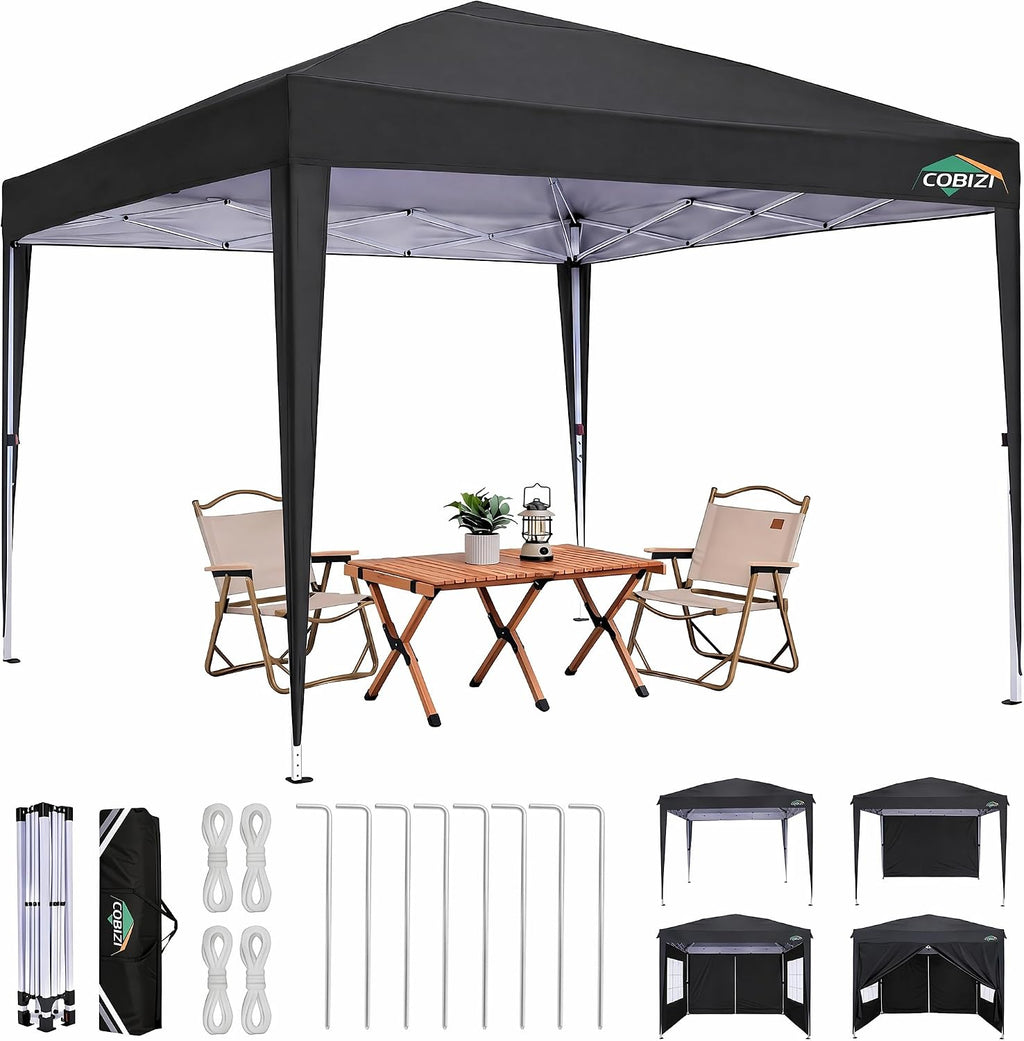 COBIZI 10x10 Pop up Canopy Tent, 10 by 10 Easy Setup Pop up Gazebo with 4 Sidewalls & Center Lock, Small Portable Instant Waterproof Outdoor Tent Canopy for Patio Backyard Vendor Event Sports (Black)