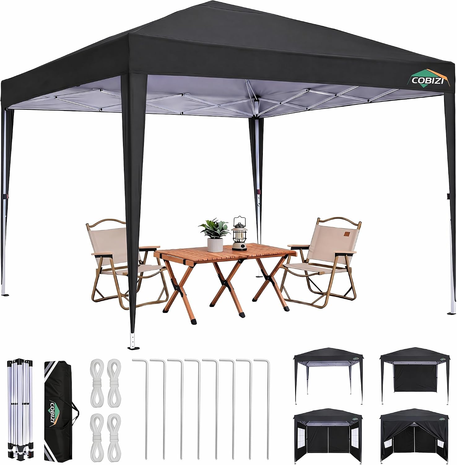 COBIZI 10x10 Pop up Canopy Tent, 10 by 10 Easy Setup Pop up Gazebo with 4 Sidewalls & Center Lock, Small Portable Instant Waterproof Outdoor Tent Canopy for Patio Backyard Vendor Event Sports (Black)