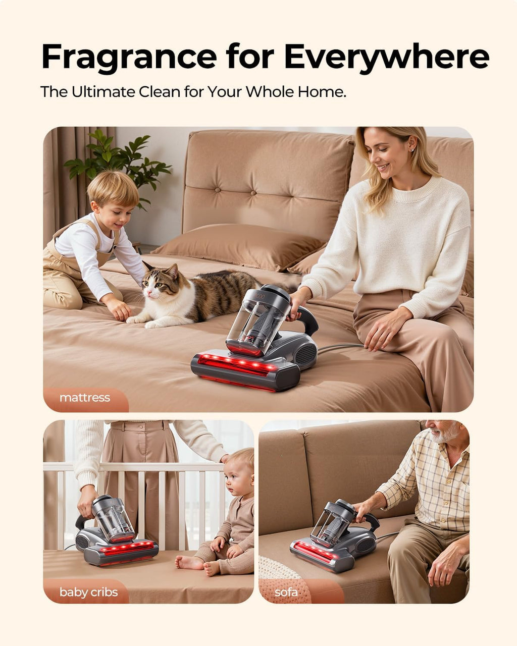 JIGOO J300 Pro Matture Vacuum Cleaner with 14Kpa 550W Powerful Suction, Infrared, UV & Heating Tech for Deep Cleaning, Anti-Allergen Bed Vacuum with Dust Sensor & Plant Fragrance for Bed, Sofa, Crib