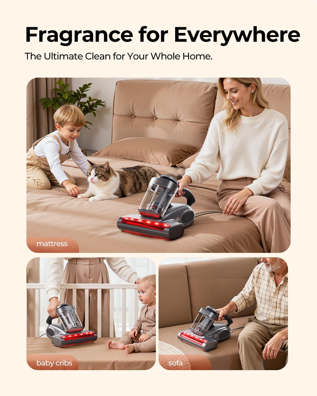 JIGOO J300 Pro Matture Vacuum Cleaner with 14Kpa 550W Powerful Suction, Infrared, UV & Heating Tech for Deep Cleaning, Anti-Allergen Bed Vacuum with Dust Sensor & Plant Fragrance for Bed, Sofa, Crib