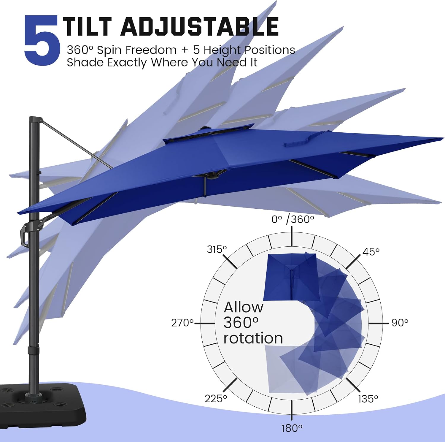 Hoteel 10ft Patio Umbrella Heavy Duty Aluminum Windproof & Shade Provision Outdoor Cantilever Double Top Offset Large Umbrella with 360°Rotation for Patio Pool Deck Gazebo, Dark Blue
