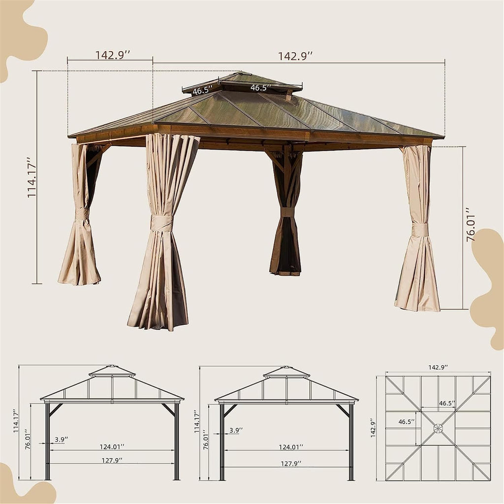 12x12Ft Hardtop Gazebo Wood-Looking Aluminum Frame Patio Gazebos with Polycarbonate Double Roof Permanent Gazebo Pavilion with Curtain and Netting for Garden Patio Lawns Deck Backyard