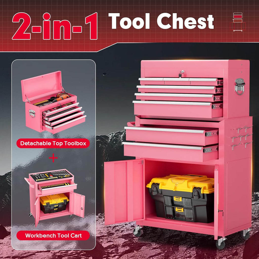 Superday Metal Tool Chest, 8 Drawer Rolling Tool Chest with Wheels, Detachable Tool Storage Cabinet with Lock for Garage, Steel Tool Cart with Liner & Hooks for Workshop, Warehouse (Pink)