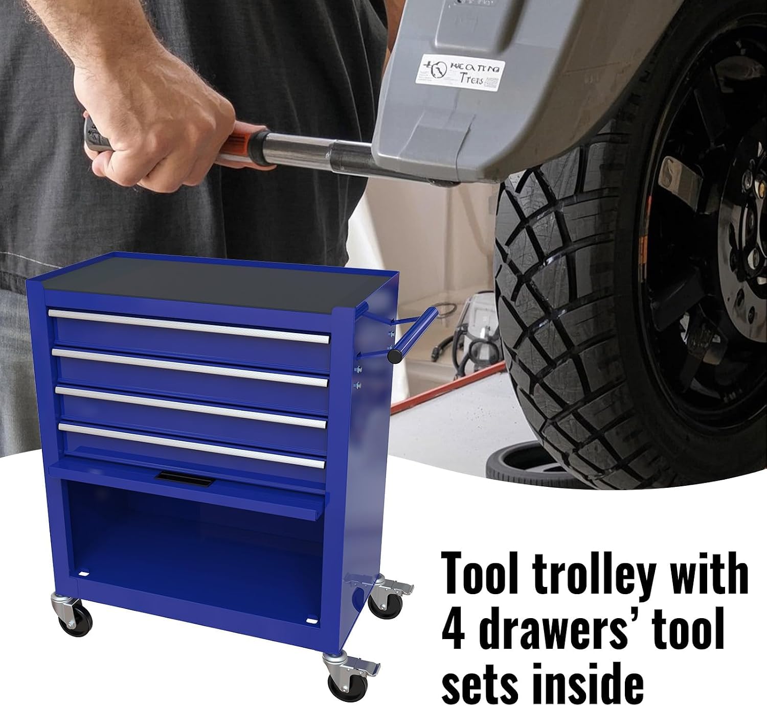 233PCS 4 Drawers Rolling Tool Box with Tool Sets, Heavy Duty Steel Garage Storage Cabinet with Lockable Wheels, Mechanic Organizer for Home, Auto, Workshop, Warehouse, Blue