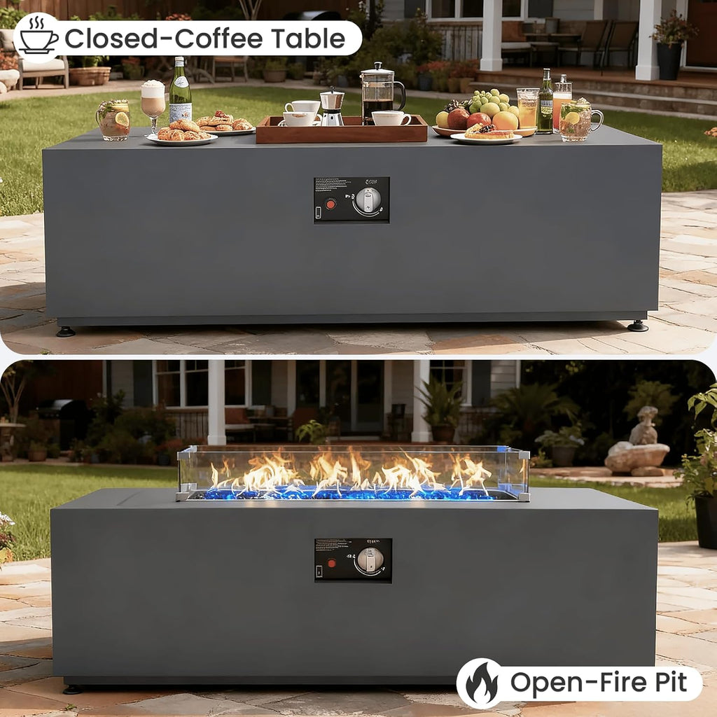 42' Propane Fire Pit Table Set with Tank Holder, Rectangle 2-Piece Outdoor Firepit Wind Guard, Lid, Glass Stones and Cover