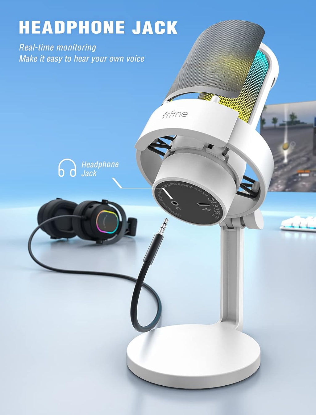 FIFINE USB Condenser Microphone with Gaming Headset Bundle, RGB Mic with Headphone Equipment Set with Monitoring, Game Chat Balance, Control Box, Compatible with PS4/PS5 for Video Streaming-A8W+H13WP