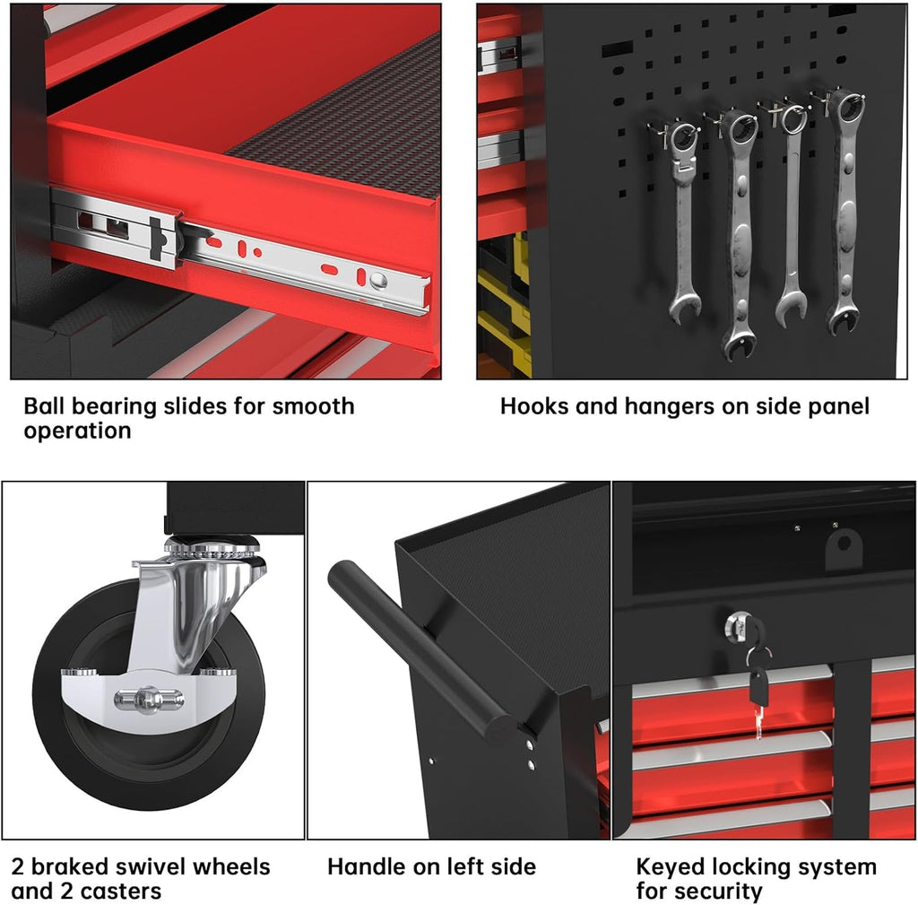 High Capacity Rolling Tool Boxes with Wheels and Drawers, 8-Drawer Storage Cabinet, Detachable Organizer Combo, Mobile Lockable Toolbox for Workshop Tool Room and Garage (BlackRed)
