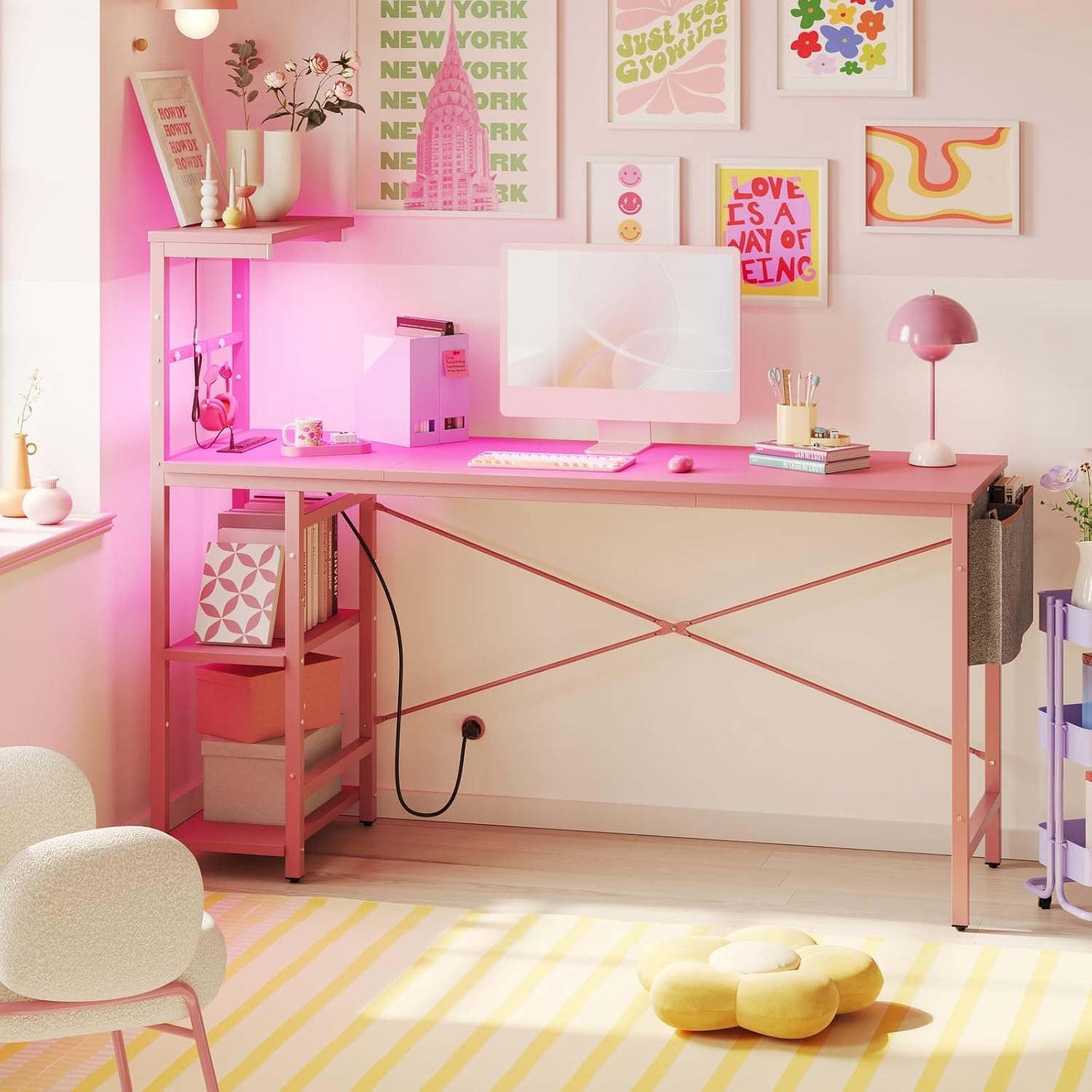 Bestier Gaming Desk with Power Outlets, 61 Inch Large Led Gamer Desk with 4 Tiers Reversible Shelves, PC Gaming Table with Headset Hook & Side Storage Bag for Bedroom (Pink 3D Carbon Fiber)