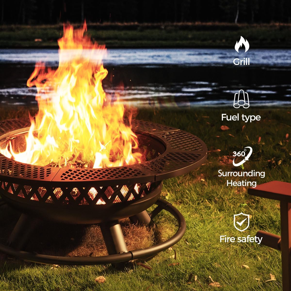 Panovue 42 Inch Outdoor Fire Pit with Grill, Large Firepit Table for Outside, Metal Round Firepits with Lid&Fire Poker,3 in 1 Wood Burning Fire Pits & Outdoor Fireplaces for Backyard,Patio(42'' Black)
