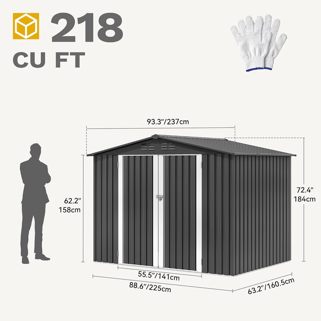 DWVO 8x6FT Outdoor Storage Shelter, Roomy Steel Tool Shed with Secure Entrances & Air Circulation for Patio, Lawn, and Backyard, Ideal for Storing Garden Gear, Lawn Tools, and Bikes, Dark Gray