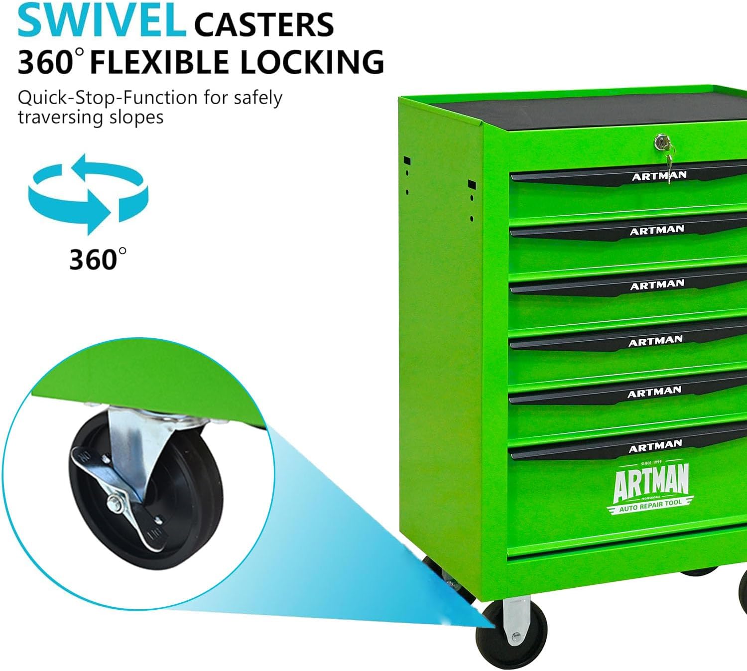 6 Drawers Rolling Tool Box on Wheels, Multifunctional Tool Chest Cabinet with Lock, Drawers Rolling Tool Cart Trolley Organizer Tool Storage Case for Warehouse,Garage,Workshop (Green)