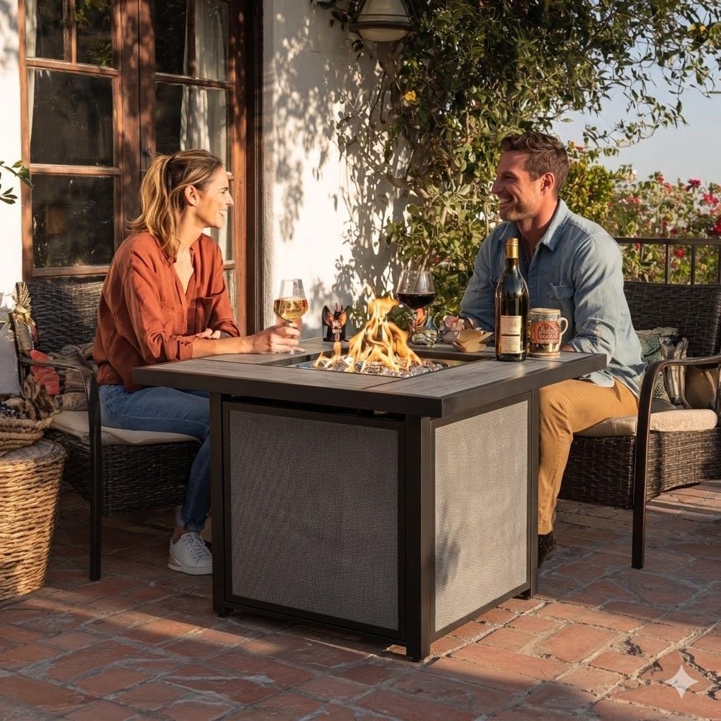 Grand Patio Outdoor Gas Fire Pit Table 32-Inch Square Propane Gas Fire Pit with CSA Safety Approval 50000 BTU Heat Sling Base Ceramic Tile Top and Lava Rock for Garden, Backyard, and Deck Parties