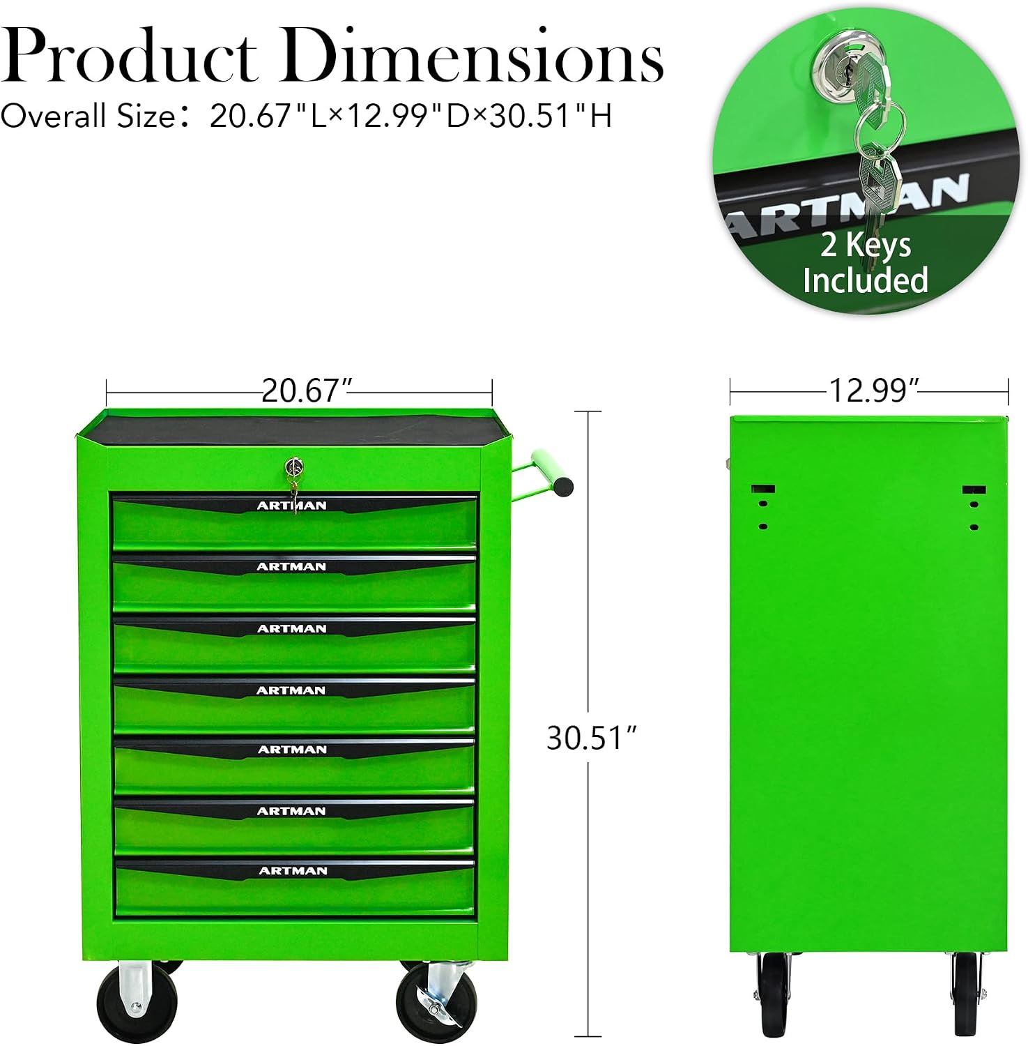 Rolling Tool Chest Cart with 7 Drawers,Storage Tool Cabinet on 4 Wheels. Lockable Tool Cart with Drawer Liners.Steel Tool Box Organizer for Garage,Repair Workshop-Green