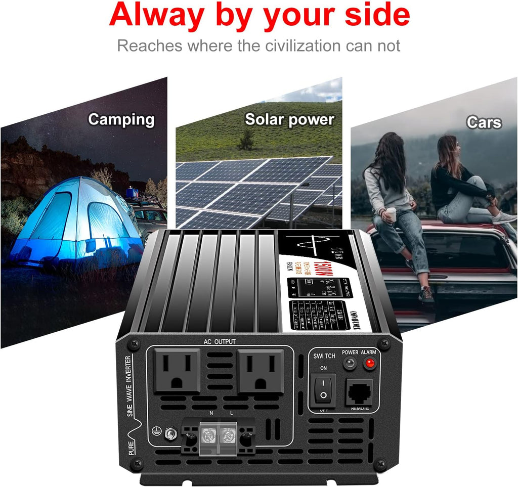 Xijia 1500W Power Inverter，12V to 120V Pure Sine Wave Inverter，Surge 3000W Solar Converter for Truck，Home Backup Solar Systems ，with Bluetooth Remote Control