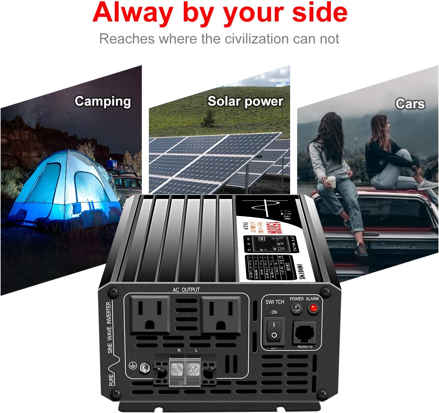 Xijia 1500W Power Inverter，12V to 120V Pure Sine Wave Inverter，Surge 3000W Solar Converter for Truck，Home Backup Solar Systems ，with Bluetooth Remote Control