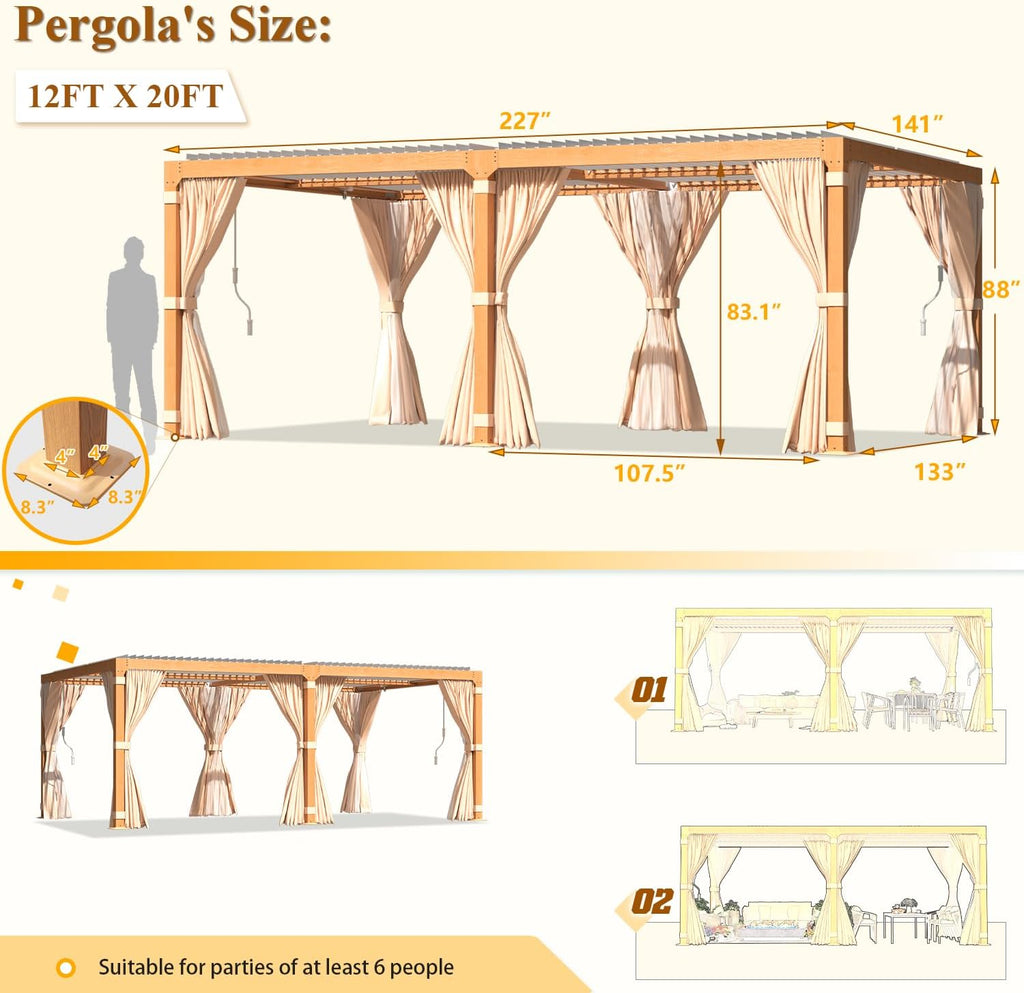 YOLENY Louvered Pergola 12x20, All Aluminum Pergola with Adjustable Rainproof Roof, Outdoor Pergola with Curtains and Nets for Patio & Garden, Woodgrain