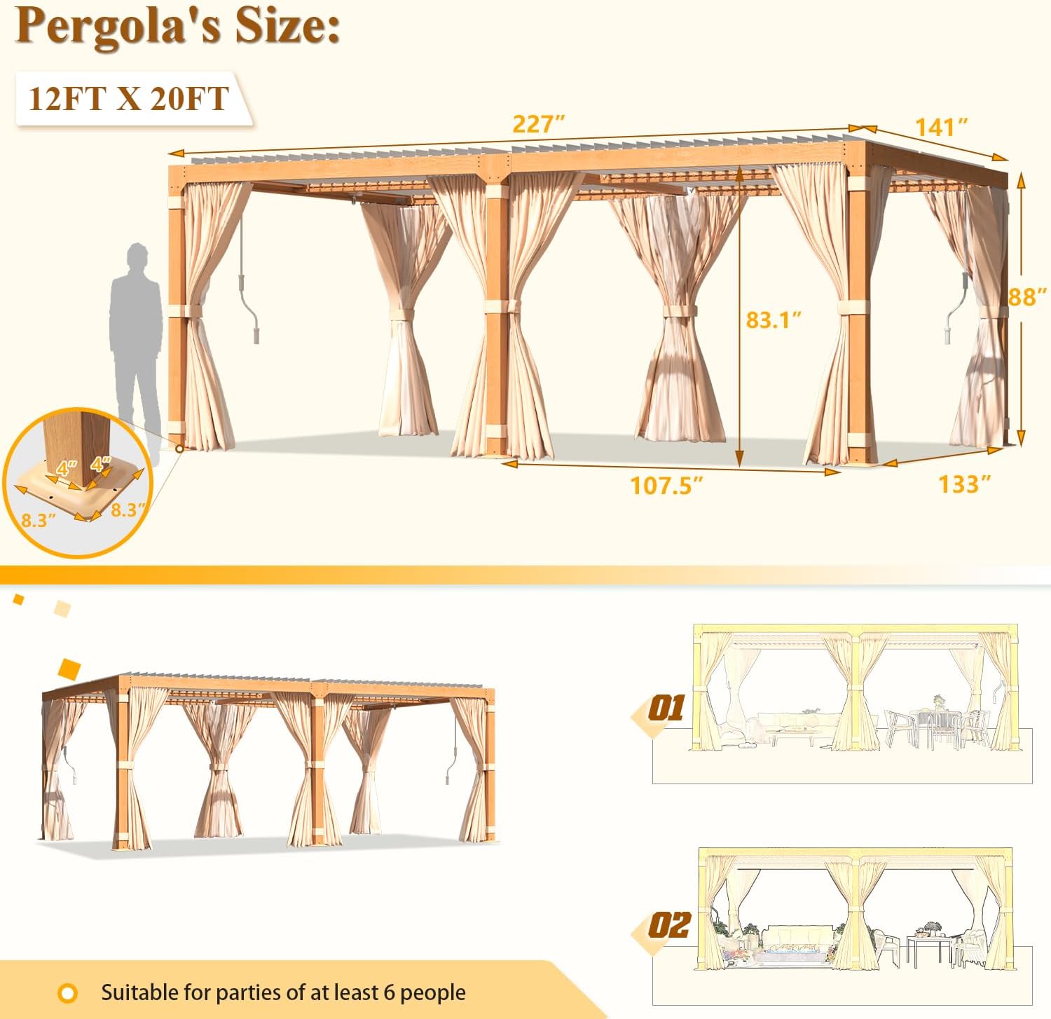 YOLENY Louvered Pergola 12x20, All Aluminum Pergola with Adjustable Rainproof Roof, Outdoor Pergola with Curtains and Nets for Patio & Garden, Woodgrain