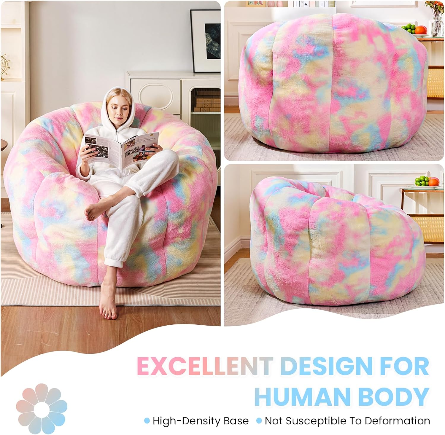 Tie-Dye Flower Floor Lounger, 3.5 ft Plush Memory Foam Bean Bag Chair for Teens, Fluffy Aesthetic Room Decor and Cozy Seating for Teen Bedroom and Dorm, Pink
