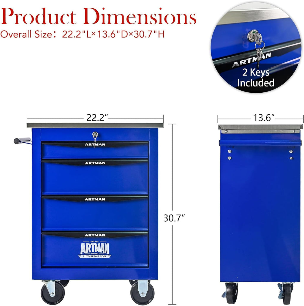 4-Drawer Heavy-Duty Rolling Tool Chest with Wheels & Steel Roof, Lockable Tool Chest Storage Cabinet for Garage, Workshop, Warehouse, and Repair Shop