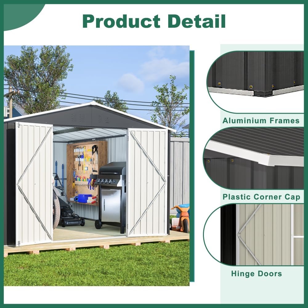 Large Outdoor Storage Shed 10x12 FT, Heavy-Duty Metal Garden Tool Organizer with Lockable Doors and Weather-Resistant Roof for Backyard (10x12 ft Grey)