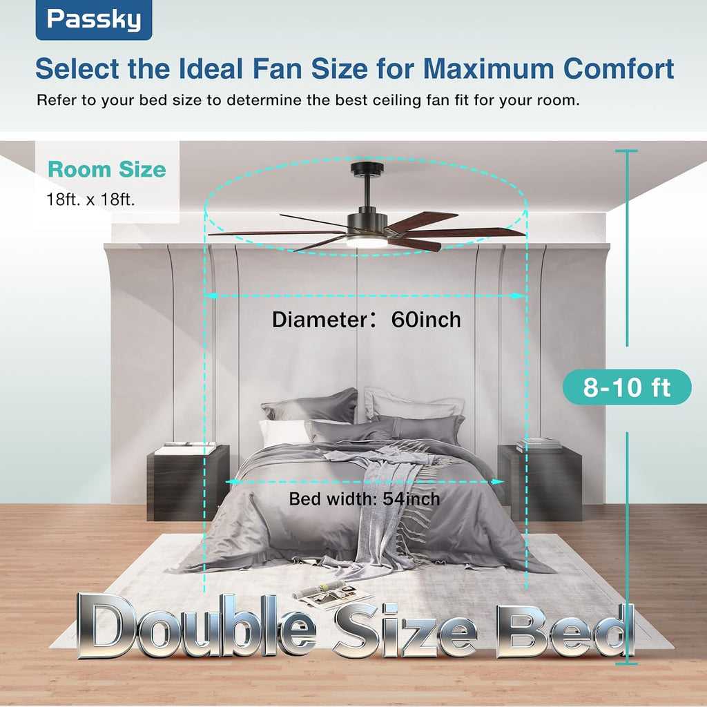 Passky Ceiling Fans with Lights, 60 inch Ceiling Fan with Light and Remote Control, 3CCT, Dimmable, Reversible, Noiseless, Black Contemporary Ceiling Fan for Bedroom, Living Room