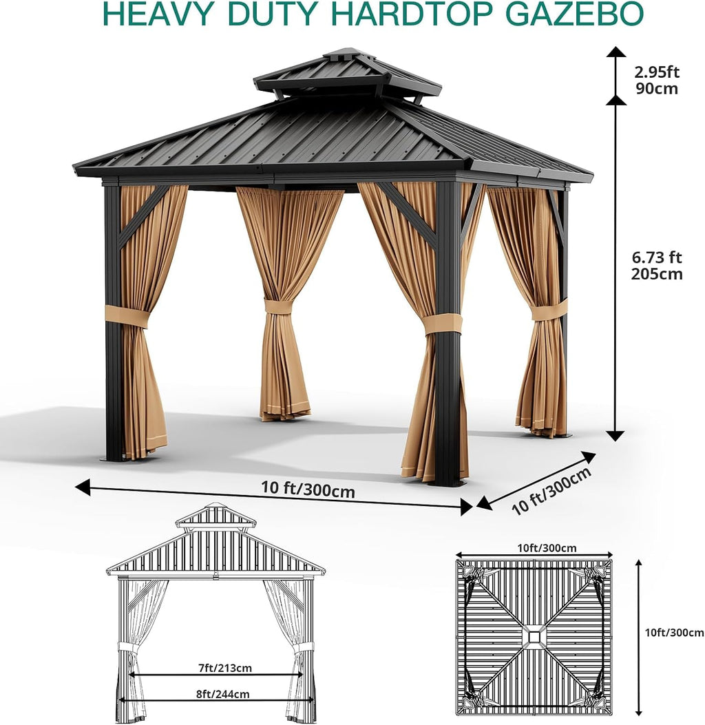GAOMON 10x10/12 Ft Heavy-Duty Hardtop Pavilion – Double Roof Galvanized Steel Gazebo with Nettings & Curtains for Deck, Lawn & Patio, Brown+Black
