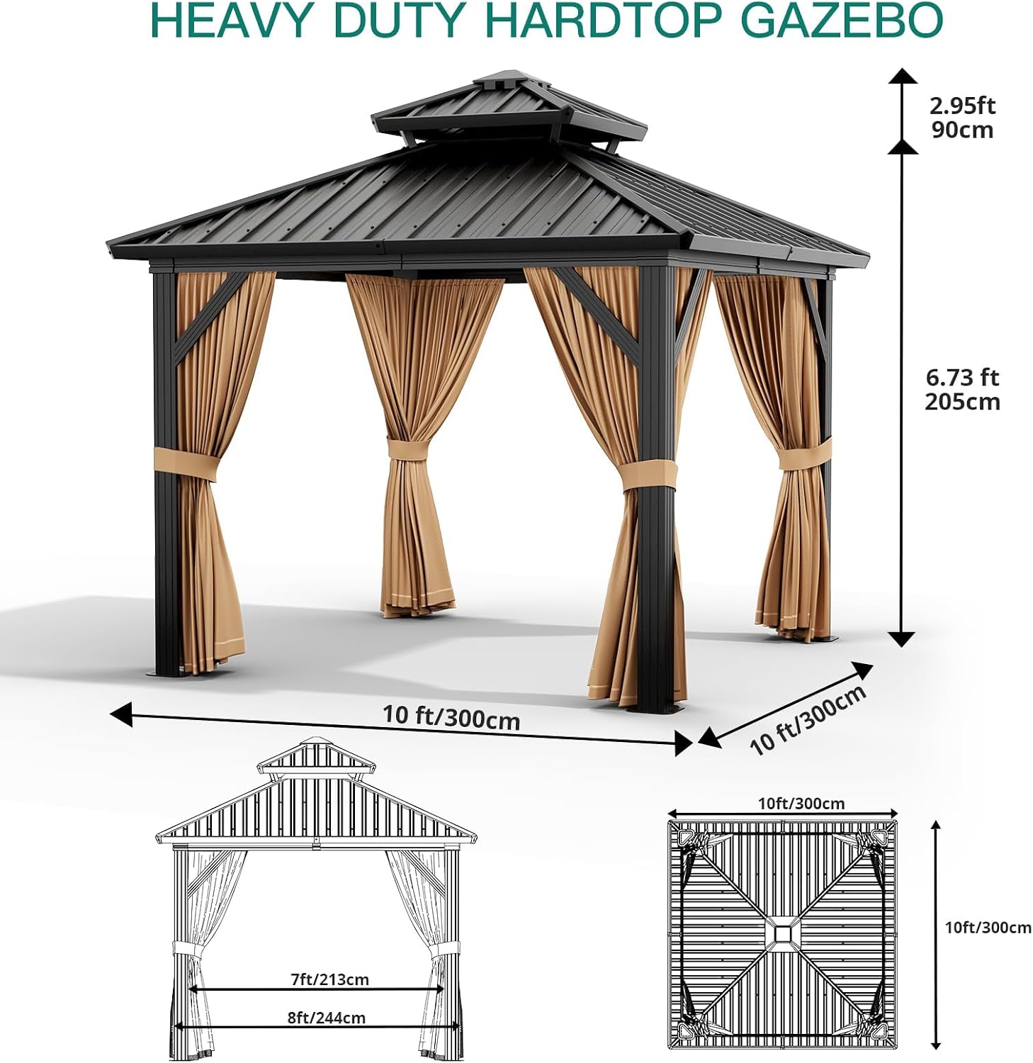 GAOMON 10x10/12 Ft Heavy-Duty Hardtop Pavilion – Double Roof Galvanized Steel Gazebo with Nettings & Curtains for Deck, Lawn & Patio, Brown+Black