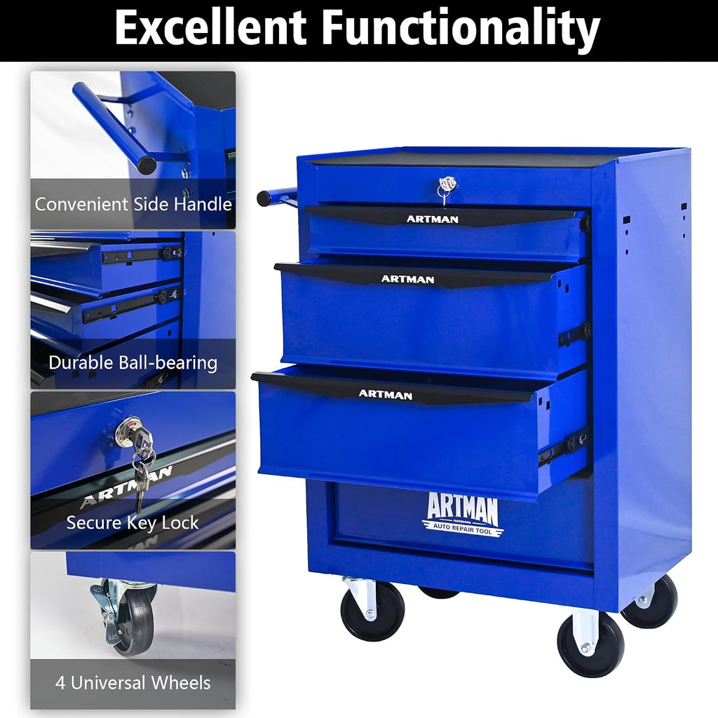 Rolling Tool Box with Wheels, Mechanics Tool Chest with 4 Drawers, Tool Box Organizer with 7 Tool Storage Boxes, Lockable Tool Storage Cabinet for Home Garage Workshop Warehouse Repair Shop, Blue
