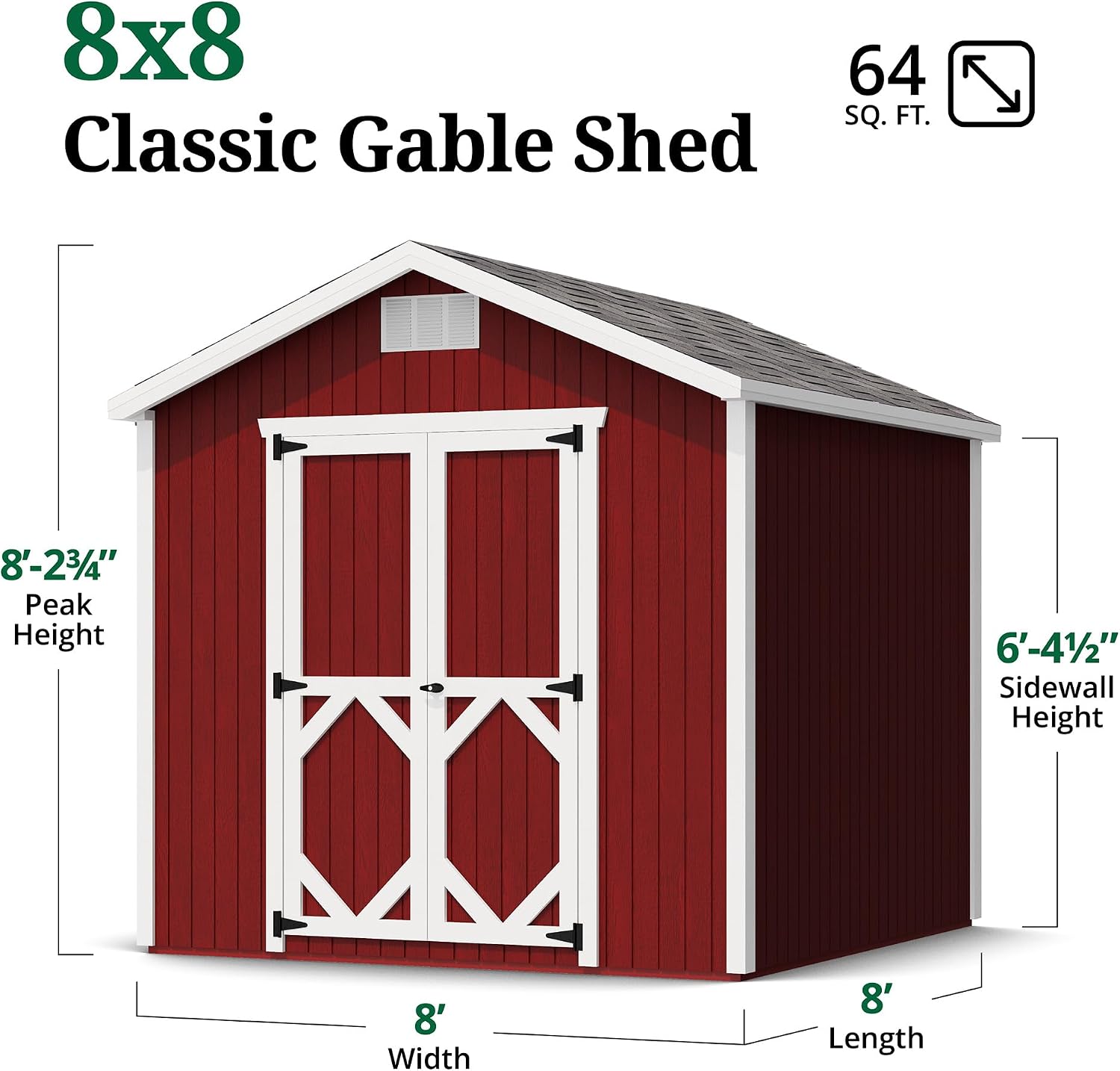 Little Cottage Co. 8x8 Classic Gable Shed with Floor, Outdoor Wood Storage Do-It-Yourself Precut Kit