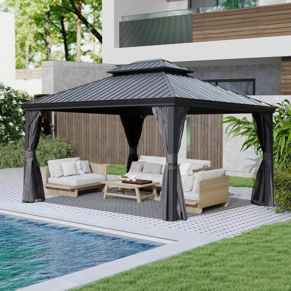 Outdoor Gazebo 10x13ft Hardtop with Double Roof, Metal Gazebo for Patio Water-Resistant Steel Frame, Includes Curtains & Netting, Modern Gray for Backyard Deck Garden