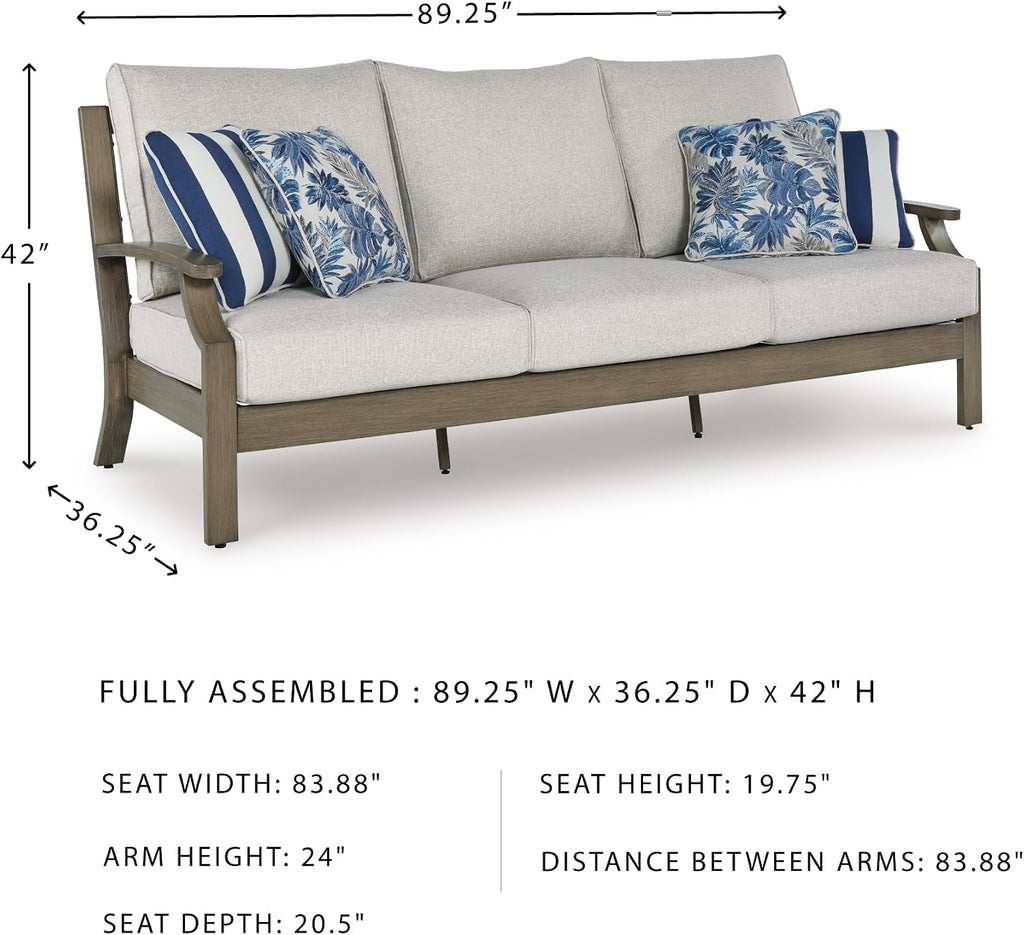 Signature Design by Ashley Rainier Ranch Casual Nuvella Weather Resistant Fabric, Outdoor Sofa with Cushion and 4 Accent Pillows, Light Brown & Light Gray