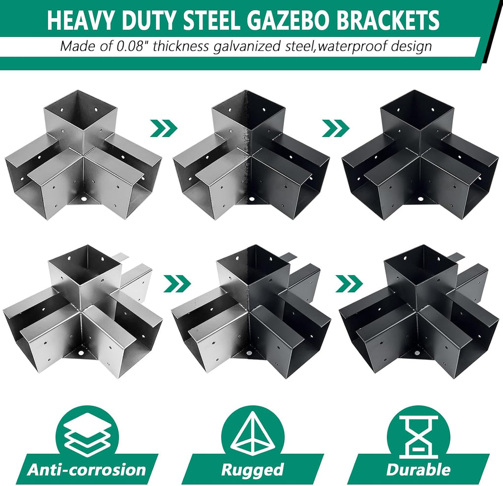 Pergola Bracket kit,3-Way & 4-Way Right Corner Angle Woodwork Bracket for 4' x 4' (Actual: 3.5' x3.5'') Wood Beam for Outdoor Gazebos,Patio Pergolas,Log Cabins - 6Pack