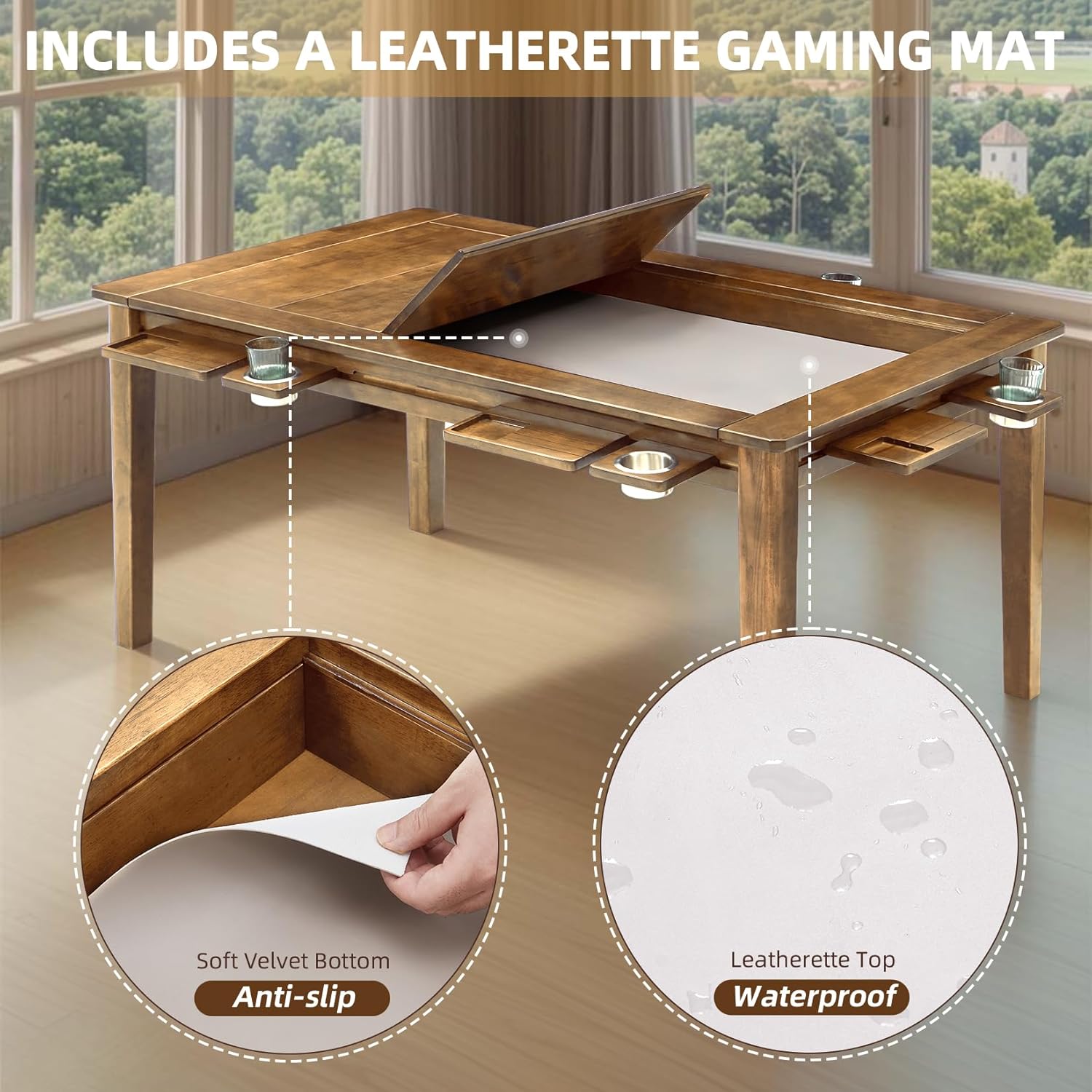 Coperat Solid Wood Board Game Table for 4-6 Players,Dining/Gaming Table w/ 54'x31' Big Gaming Space and Removable Top,Includes Game Mat, 6 Cup Holders & Hobby Tray, Light Walnut