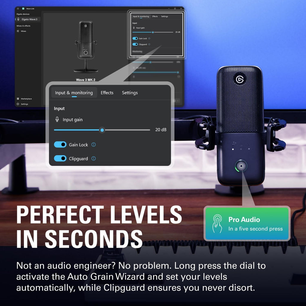 Elgato Wave:3 MK.2 – Premium USB Condenser Microphone for Streaming & Podcasting with Wave FX Processor, Onboard DSP, Clipguard 2.0, VST Inserts – Works on PC and Mac